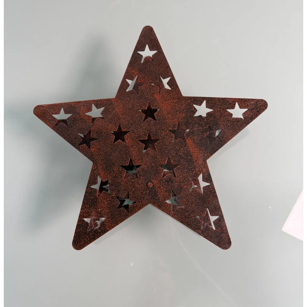 Rustic Metal Star Lantern Candle Holder Star Cut outs Inner Square Compartment